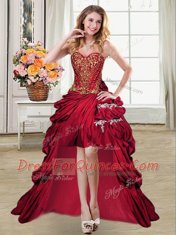 Fine Sweetheart Sleeveless Prom Evening Gown High Low Beading and Appliques and Pick Ups Wine Red Taffeta