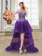 Modern Sequins High Low Ball Gowns Sleeveless Purple Dress for Prom Lace Up