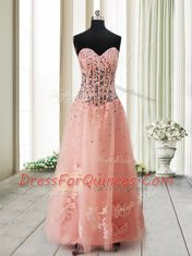 Ankle Length Lace Up Prom Evening Gown Peach for Prom with Beading