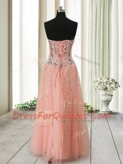 Ankle Length Lace Up Prom Evening Gown Peach for Prom with Beading