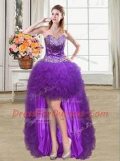 Eggplant Purple Ball Gowns Beading and Ruffles Lace Up Tulle Sleeveless Mini Length