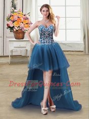 Beading and Sequins Evening Dress Teal Lace Up Sleeveless High Low