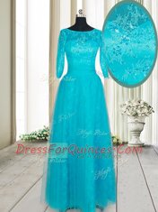 Empire Teal Scoop Tulle Half Sleeves Floor Length Zipper
