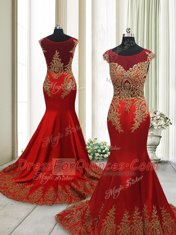 Graceful Wine Red Mermaid Elastic Woven Satin Scoop Cap Sleeves Appliques With Train Side Zipper Prom Dresses Sweep Train