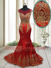 Graceful Wine Red Mermaid Elastic Woven Satin Scoop Cap Sleeves Appliques With Train Side Zipper Prom Dresses Sweep Train