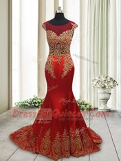 Graceful Wine Red Mermaid Elastic Woven Satin Scoop Cap Sleeves Appliques With Train Side Zipper Prom Dresses Sweep Train