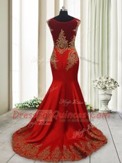 Graceful Wine Red Mermaid Elastic Woven Satin Scoop Cap Sleeves Appliques With Train Side Zipper Prom Dresses Sweep Train