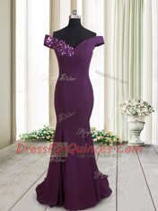 Spectacular Mermaid Off the Shoulder Dark Purple Chiffon Zipper Prom Party Dress Sleeveless Brush Train Beading and Sequins