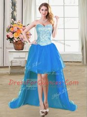 Floor Length Lace Up Prom Dresses Blue for Prom and Party with Beading