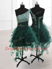 Peacock Green One Shoulder Lace Up Beading and Ruffles Prom Dress Sleeveless