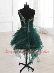 Peacock Green One Shoulder Lace Up Beading and Ruffles Prom Dress Sleeveless