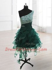 Peacock Green One Shoulder Lace Up Beading and Ruffles Prom Dress Sleeveless