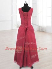 Scoop Sleeveless Lace Up Floor Length Beading and Ruching Prom Evening Gown