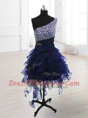 High End One Shoulder Navy Blue A-line Beading Prom Dresses Lace Up Organza Sleeveless Knee Length