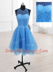 Suitable Baby Blue Prom Dress Prom and Party and For with Sequins High-neck Sleeveless Lace Up