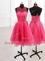 Perfect Hot Pink Sleeveless Knee Length Sequins Lace Up Dress for Prom