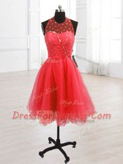 Custom Fit Watermelon Red High-neck Neckline Sequins Prom Dresses Sleeveless Lace Up
