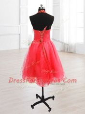 Custom Fit Watermelon Red High-neck Neckline Sequins Prom Dresses Sleeveless Lace Up
