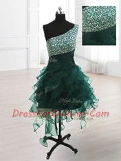 Perfect One Shoulder Sleeveless Lace Up Prom Dress Peacock Green Organza