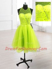 Free and Easy Knee Length Yellow Green Prom Evening Gown Organza Sleeveless Sequins