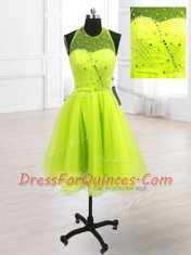 Free and Easy Knee Length Yellow Green Prom Evening Gown Organza Sleeveless Sequins