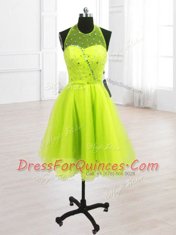 Free and Easy Knee Length Yellow Green Prom Evening Gown Organza Sleeveless Sequins