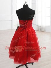 Amazing Red Strapless Neckline Embroidery Prom Gown Sleeveless Lace Up