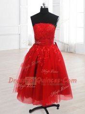 Amazing Red Strapless Neckline Embroidery Prom Gown Sleeveless Lace Up