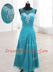 Noble Scoop Beading and Ruching Teal Lace Up Sleeveless Floor Length