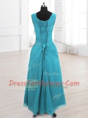 Noble Scoop Beading and Ruching Teal Lace Up Sleeveless Floor Length