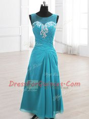 Noble Scoop Beading and Ruching Teal Lace Up Sleeveless Floor Length