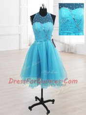 Custom Made Sleeveless Knee Length Sequins Lace Up Evening Dress with Baby Blue