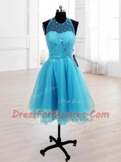 Custom Made Sleeveless Knee Length Sequins Lace Up Evening Dress with Baby Blue