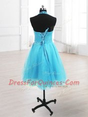 Custom Made Sleeveless Knee Length Sequins Lace Up Evening Dress with Baby Blue