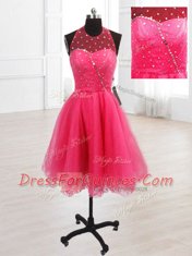 Comfortable Hot Pink Lace Up High-neck Sequins Prom Dresses Organza Sleeveless