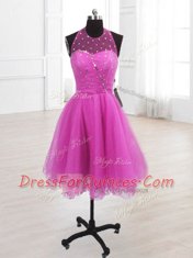 Elegant Fuchsia A-line Sequins Prom Party Dress Lace Up Organza Sleeveless Knee Length