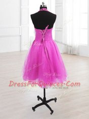 Elegant Fuchsia A-line Sequins Prom Party Dress Lace Up Organza Sleeveless Knee Length