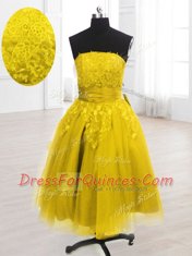 Glamorous Strapless Sleeveless Lace Up Homecoming Dress Yellow Organza
