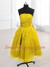Glamorous Strapless Sleeveless Lace Up Homecoming Dress Yellow Organza