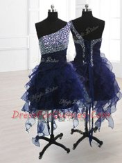 Attractive A-line Prom Party Dress Navy Blue One Shoulder Organza Sleeveless Knee Length Lace Up
