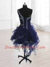 Attractive A-line Prom Party Dress Navy Blue One Shoulder Organza Sleeveless Knee Length Lace Up