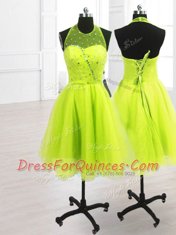 Enchanting High-neck Sleeveless Prom Evening Gown Knee Length Sequins Yellow Green Organza