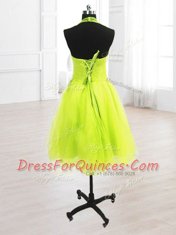 Enchanting High-neck Sleeveless Prom Evening Gown Knee Length Sequins Yellow Green Organza