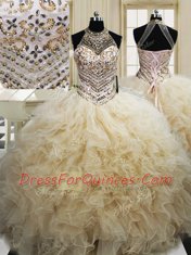 Halter Top Beading and Ruffles Quince Ball Gowns Champagne Lace Up Sleeveless Floor Length