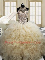 Halter Top Beading and Ruffles Quince Ball Gowns Champagne Lace Up Sleeveless Floor Length
