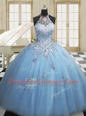 Inexpensive Light Blue High-neck Neckline Embroidery Sweet 16 Dresses Sleeveless Lace Up