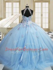Inexpensive Light Blue High-neck Neckline Embroidery Sweet 16 Dresses Sleeveless Lace Up