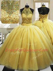 Yellow Tulle Lace Up High-neck Sleeveless With Train Quinceanera Dresses Sweep Train Beading