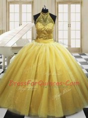 Yellow Tulle Lace Up High-neck Sleeveless With Train Quinceanera Dresses Sweep Train Beading