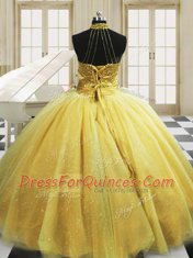 Yellow Tulle Lace Up High-neck Sleeveless With Train Quinceanera Dresses Sweep Train Beading